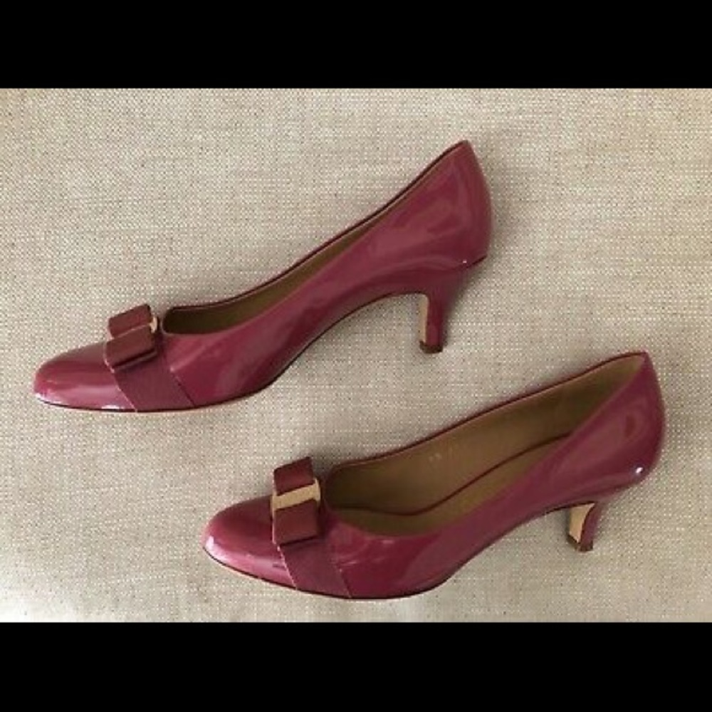 Ferragamo Vara Pumps Pink Patent Bow Kitten Heels - Picture 5 of 8